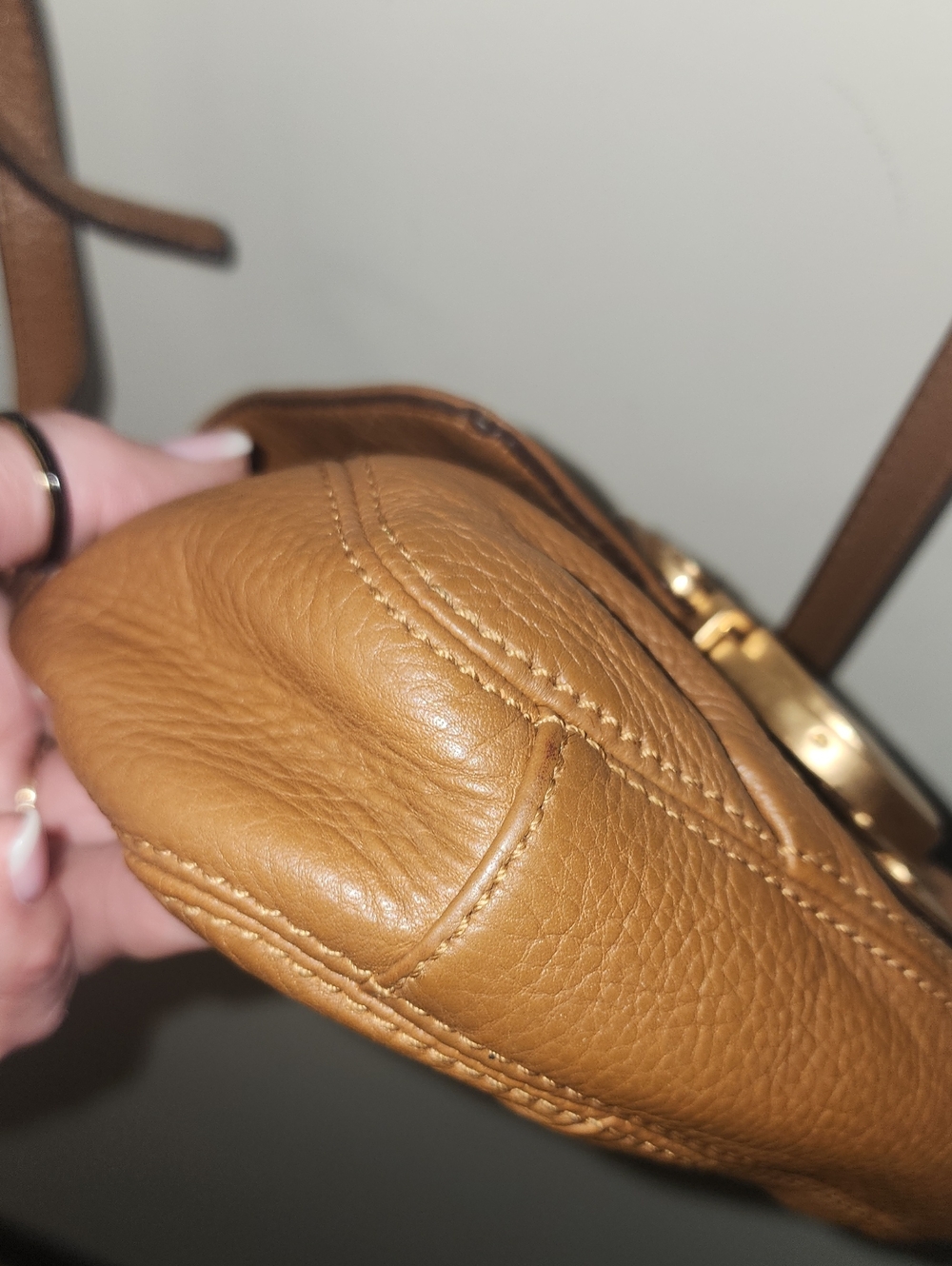 Michael Kors Cognac Pebble Leather Crossbody Copper Gold Hardware Buckle Mini - Picture 7 of 16
